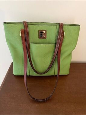 Dooney & Bourke Lime Green Pebbled Leather Tote with Brown Straps